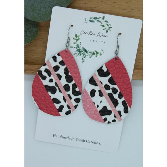 Lightweight Genuine Leather Animal Print with Pink Stripes Teardrop Earrings - Picture 1 of 3
